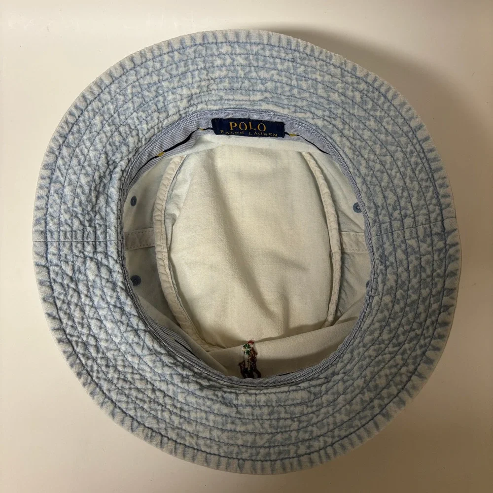 VTG Polo Ralph Lauren Light Blue Linen Blend Pony Logo Bucket Hat XS 6 5/8 Prep